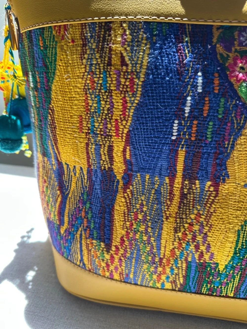 Guatemalan  leather and Embroidered Travel Tote Bag with Multicolor Panel - Picture 4 of 17